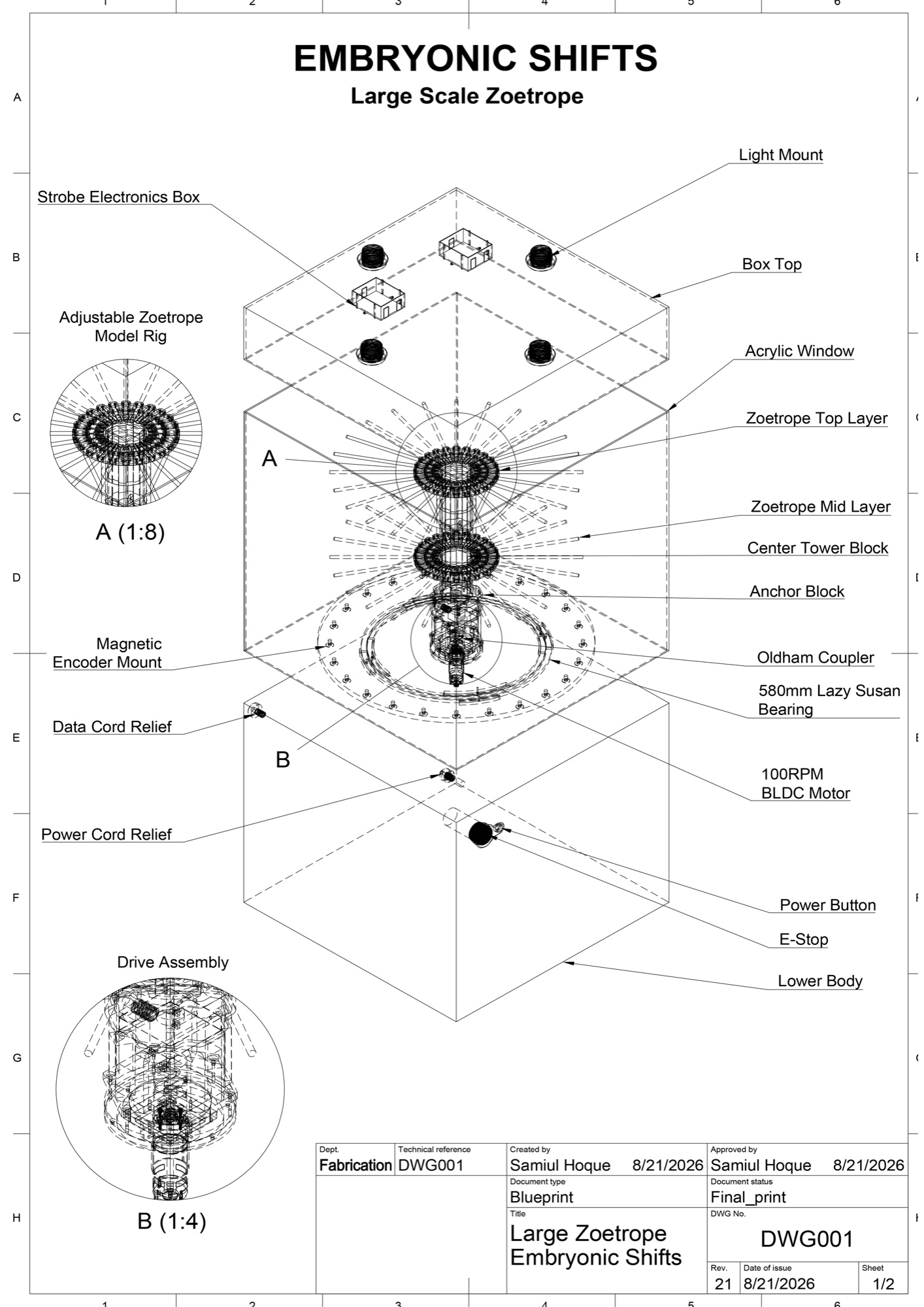 Exploded mechanical assembly blueprint of the large-scale zoetrope, labelled with its major components