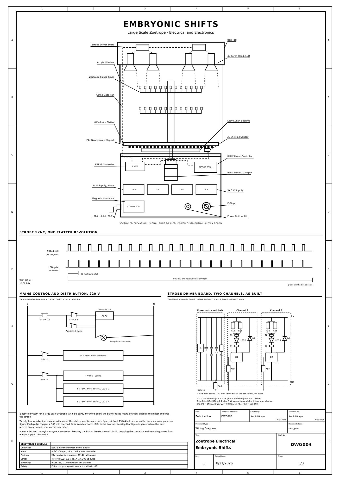 Electrical and electronics wiring diagram for the zoetrope, including strobe sync timing