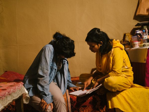 Saiq'a S. Chowdhury and Shahanara during Brotee fieldwork, Rajshahi, 2019. Photo: Tom Bradley.